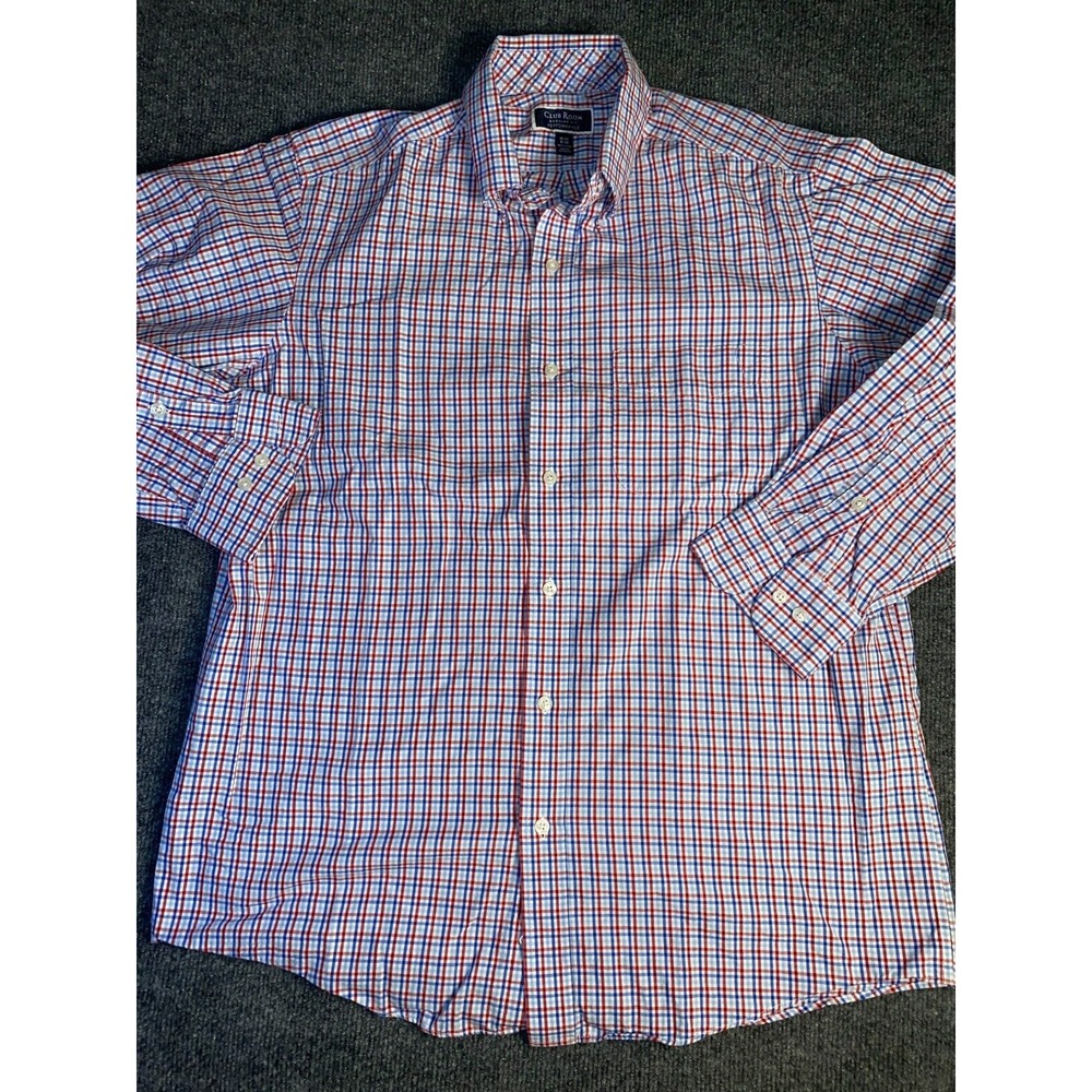Club Room Dress Shirt Men 15.5 Multi Gingham Regular Fit Performance Button Down